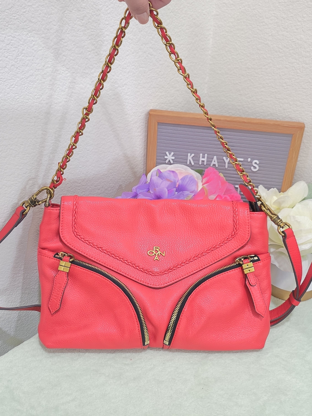 Orange Leather Shoulder Bag with Antique Gold Chain Strap And Crossbody